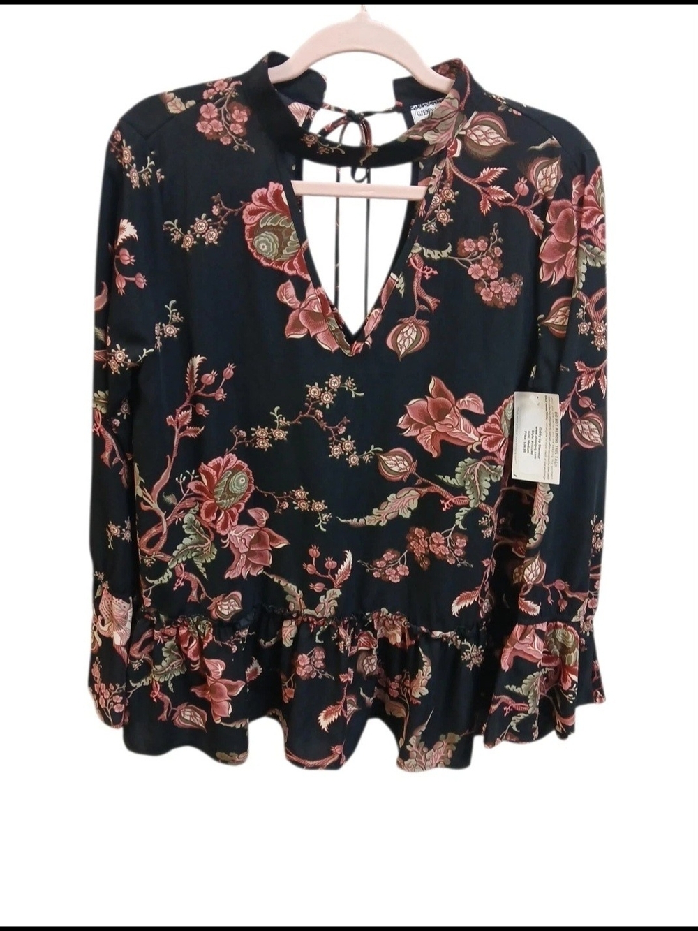 Floral Keyhole Peplum Blouse - Black with Pink Floral #151